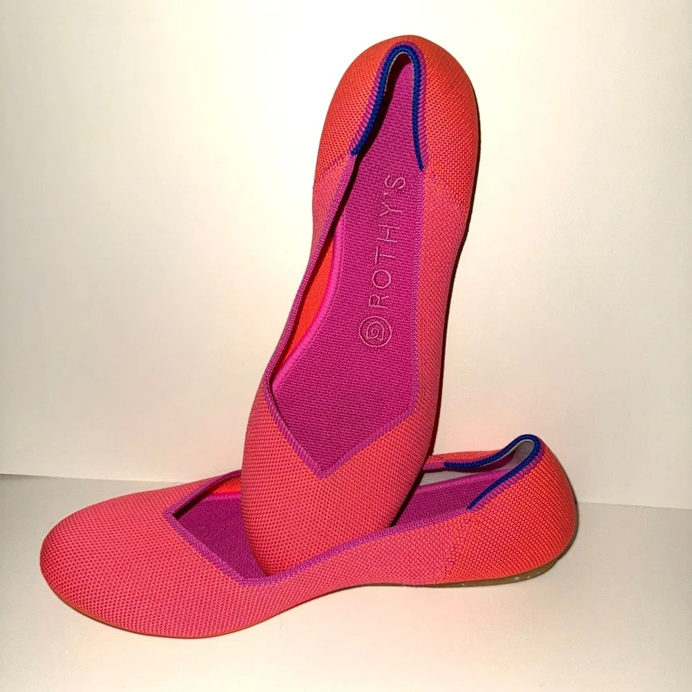 Rothy's Vibrant Pink Flats with Blue Accents - Picture 5 of 9